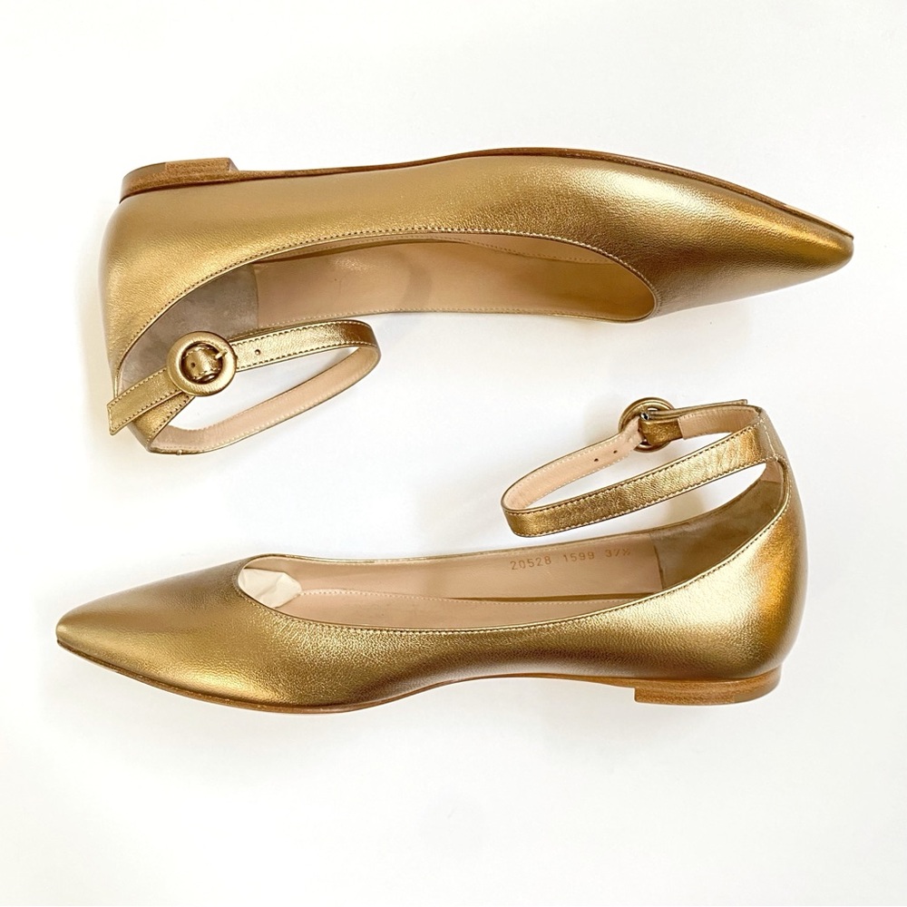 Gianvito Rossi Metallic Gold leather ankle strap pointed toe ballet flats - Picture 6 of 10